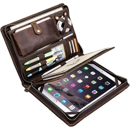Håndlavet Vintage Ægte Ko Læder Portfolio Mappe Lynlås til iPad Pro 9.7/10.5/11, A4 Størrelse Portfolio Padfolio Etui, Business Organizer