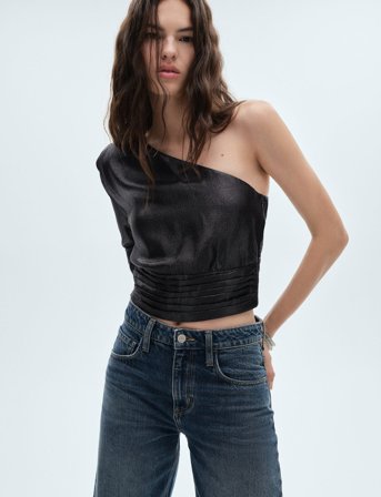 Mango Asymmetrical Puff Sleeve Blouse - Black - XS