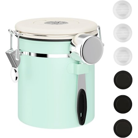 Kahvisäiliö Kahvipapusäiliö CO2-vapautusventtiilillä ja kauhalla Kahvipurkki Pavuille, Jauheille, Sokeri16OZ, Vihreä