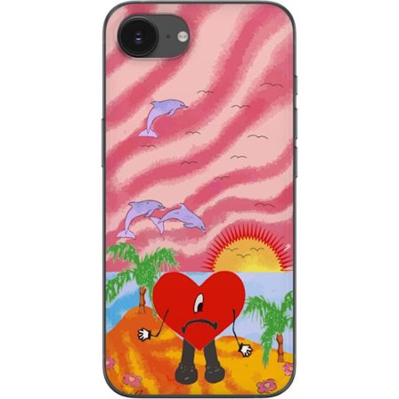 Kompatibelt Mobildeksel til Apple iPhone 16e Bad Bunny i en fargerik quiltet jakke med hjertemønster og solbriller i moderne gatestil