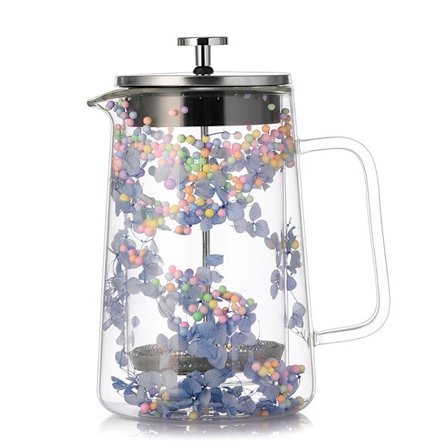 Kaffepresse med filter i rustfritt stål, tørket blomster mellomlag