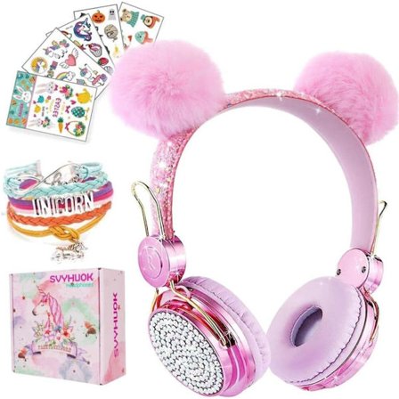 Unicorn Kids Bluetooth-hörlurar för flickor, trådlösa hörlurar med mikrofon för tonåringar, säker volymbegränsad 85db POM Kattöra Over-Ear Headset HD