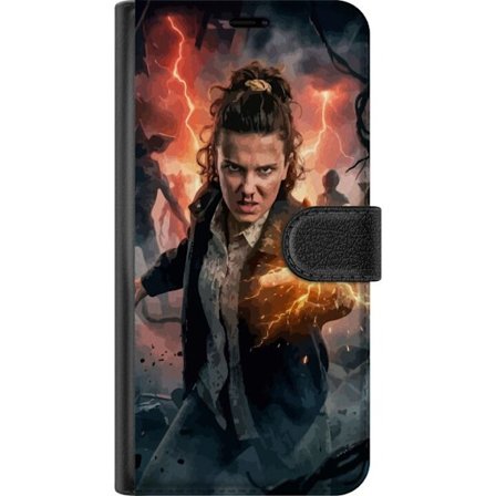 Kompatibelt Plånboksfodral till Samsung Samsung Galaxy A56 Kraftfull fantasibild av en ung kvinna med blixtenergi och mörk bakgrund, dramatiskt acti