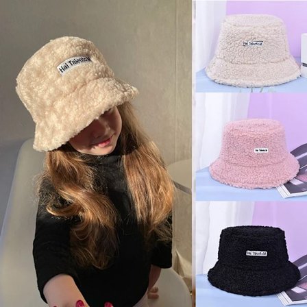 Children Winter Warm Bucket Hat Solid Letter Lamb Wool Baby Girl Boy Hats Thicken Outdoor Kids Panama Flat Sun Cap