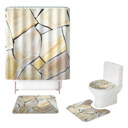 Fyrdelad toalettset med fyrkantig marmorgolvmatta, duschdraperi och halkfri badrumsmatta