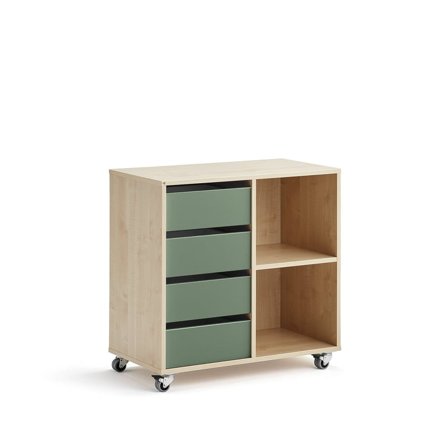 Elevförvaring CASPER, 4 lådor, 2 fack, hjul, björk, mörkgrön