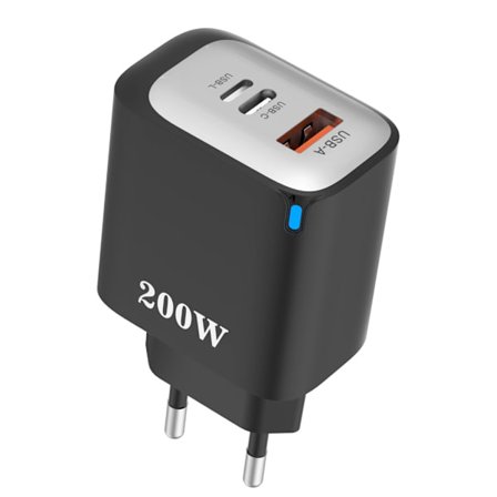 Rejsevenlig 200W USB C USB A USB L Hurtigopladeradapter med Smarteste Strømjustering