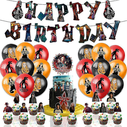 Stranger Things Bursdagsfest Utstyr, Filmtema Festdekorasjonssett Inkluderer Banner, Ballonger, Kake/Cupcake Toppers, Barn Voksen Festfavoritt