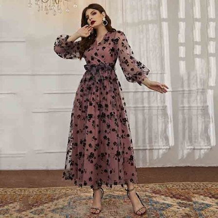 Kvinnors V-ringad långärmad blommig printed spetsklänning