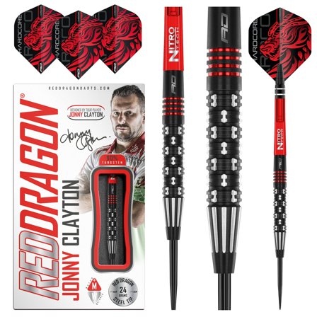 Red Dragon Darts Jonny Clayton Premier League SE Darts 22g/24g - 90% Tungsten Steel Tip Darts, Pro Player Model, Black & Red, Grip, Flights