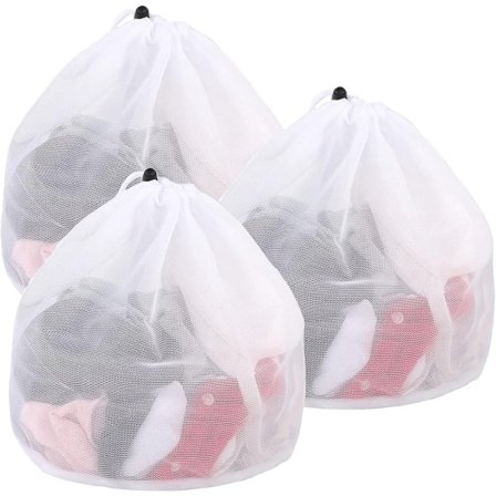 Vaskeposer i nett, pakke med 3, 40x50 cm, vaskenett med snøring, gjenbrukbare vaskenett til vaskemaskin, vaskenett, vaskeposer, hvit
