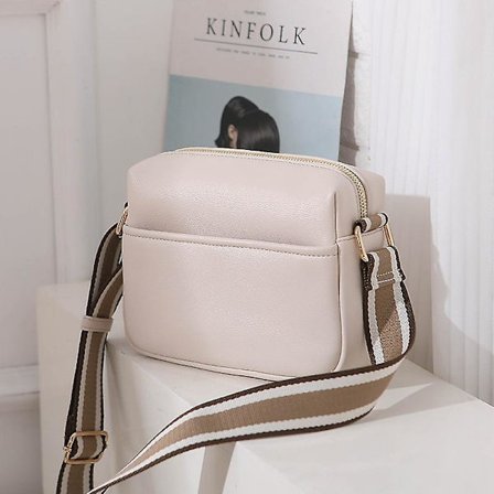Håndtaske Solid Square Dame Crossbody Tasker Bredt Stof Rem Crossbody Taske Dame Mode Håndtasker Lynlås Læder Dame Skuldertasker(Beige)