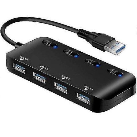 4-porters USB 3.0-hub, USB-hub med strømforsyning, splitterdatahub 5 Gbps med individuell bryter og LED-lys