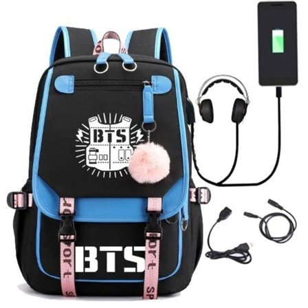 BTS Ryggsäck Barn Ryggsäckar Ryggväska med USB-uttag 1 st Blå