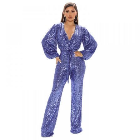 Kvinners Fashionable Og Sexy V-hals Sequin Wide-leg Jumpsuit Bukser-xxl