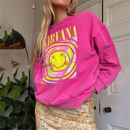 Nirvana Smiley Face Crewneck -collegepaita Heliconia-värissä, Nirvana-collegepaita lahjaksi