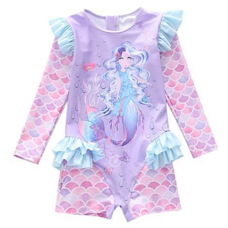 Pige-Havfrue Ruffle Langærmet Badedragt med UV-Beskyttelse