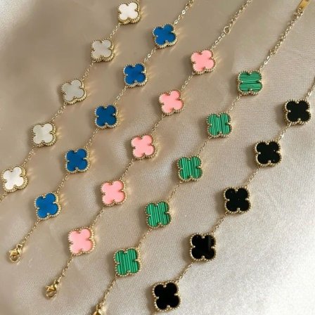 18k Guldpläterat Rostfritt Stål Dubbelsidigt Fyrklöverarmband, Vit