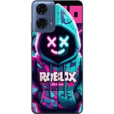 Kompatibel Mobilcover til Motorola Moto G04 Roblox neon hættegenser close-up med intensiv close-up af kostume karakter i pink og blå neon lys, der giv