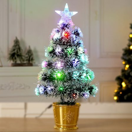 Lite Bordplate Fiberoptisk Juletre, Mini Kunstig Juletre Ferdigbelyst med Snøflokk, Plug-in Modell, 60cm