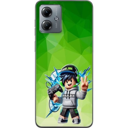 Kompatibelt Mobildeksel til Motorola Moto G14 Roblox-inspirert gamerfigur med headset, håndkontroll og energiske effekter mot grønn bakgrunn