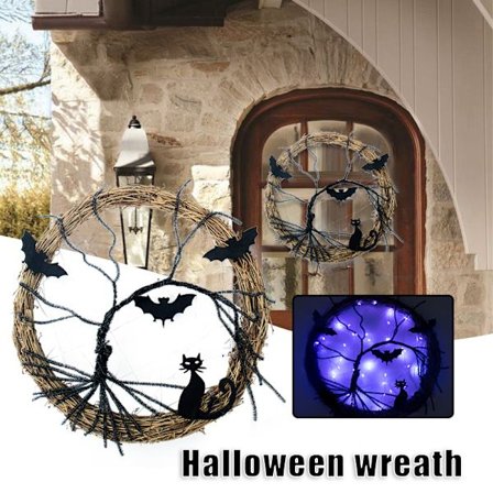 37 cm oplyst Halloween-guirlande til hoveddørsdekoration Sort flagermus-kat-guirlandehænge Halloween hjemmefestindretningstilbehør