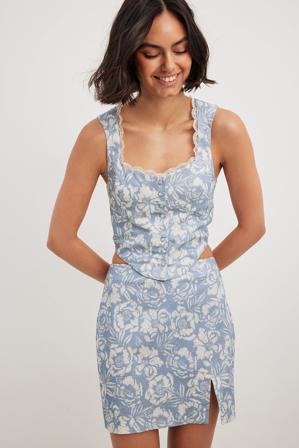 NA-KD Boho Jupe courte fendue - Vêtements en lin - Bleu,Flower - EU 42