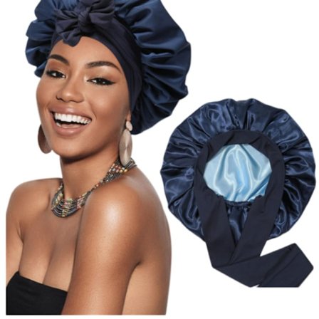 Sovehette med dobbelt lag satengbånd, marineblå