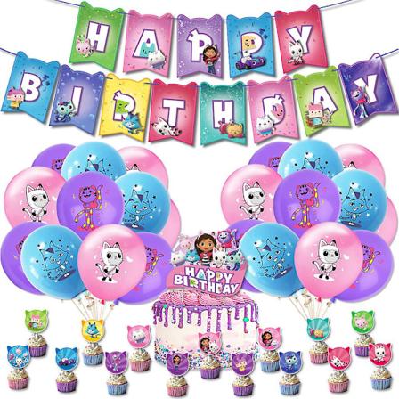 Gabby's Dollhouse-tema Barn Flickor Födelsedagsfest Tillbehör Kit Banner Ballonger Tårta Toppers Dekor Set (FMY)