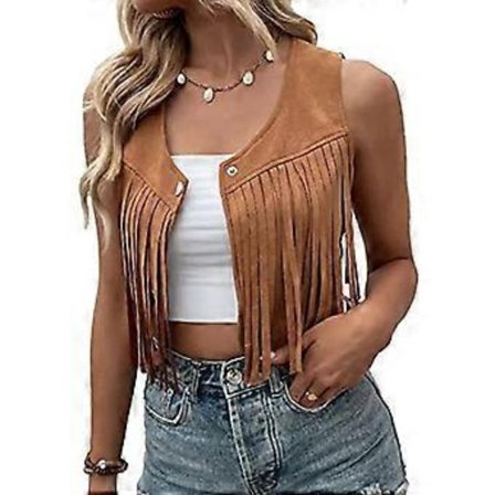 Frynsevest Dame Vintage Faux Suedes Åpen Front Vest Ermeløs 70-talls Hippie Klær Bohemske Western Jakker Vest Kamel XL