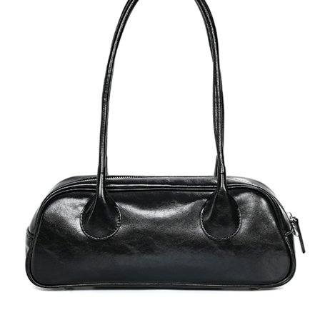 Stiligg Bowling Bag i Svart Ku-skinn Romslig Skulderveske 32x9x12cm