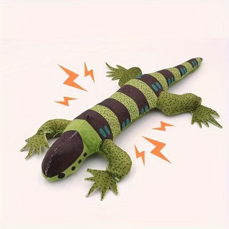 En øgleformet kosedyr for katt som inneholder knitrende papirmateriale.