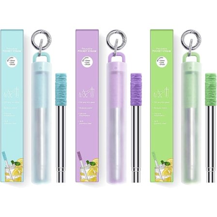 Metal sugerør 3-pak Genanvendelige sammenklappelige rustfrit stål sugerør Bærbare teleskop sugerør Drikke Nemme at rengøre med Si