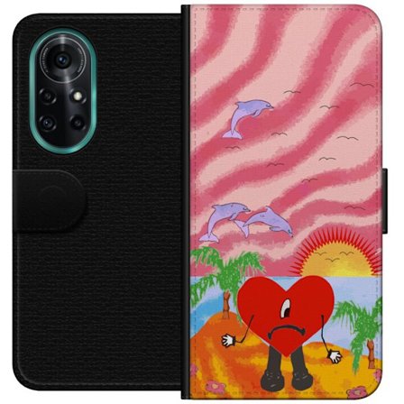 Yhteensopiva Lompakkokotelo Huawei nova 8 Pro Bad Bunny värikkäässä tikatussa takissa sydänkuvioilla ja aurinkolaseilla modernissa katutyylissä