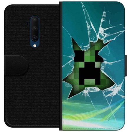 Kompatibelt Plånboksfodral till OnePlus OnePlus 7T Pro Minecraft Creeper genom krossat glas med dramatisk explosionseffekt där ikoniska Creeper bryt