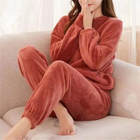 Efterår Vinter Flannel Pyjamas Kvindernes Todelte Løs Casual Homewear Nye O-Hals Kvindernes Stribede Koraller Fleece Simm Pyjamas red XL
