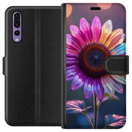 Kompatibelt Lommeboketui til Huawei P20 Pro Irideserende blomst med glitrende kronblad i rosa lilla og gull mot myk bokeh bakgrunn