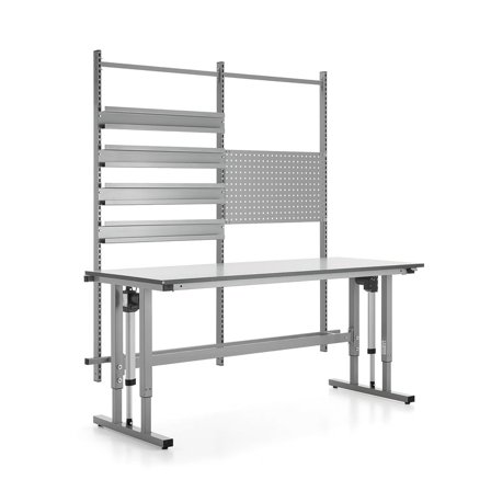 Hæve sænke arbejdsbord MOTION, 400 kg, 2000x800 mm, værktøjspanel + skinner