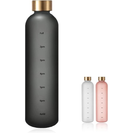 1 Liter Motiverende Vandflaske med Tidsmarkeringer til at Drikke, Genanvendelig Plastikflaske med til Fitness og Sport(Sort)