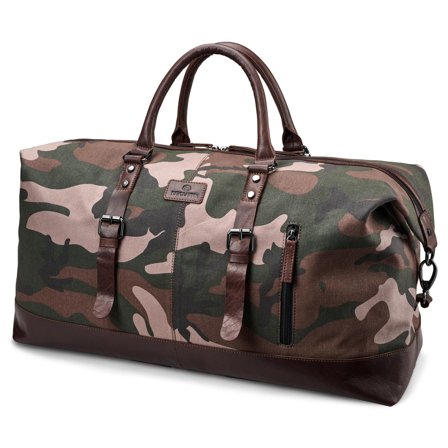 Sac de voyage en toile à motif de feuilles camouflage et cuir de buffle pour hommes - Sacs de sport