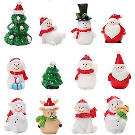 12 stk. Miniatyr Julepynt i Resin - Snømann, Reinsdyr, Julenissen - Juletre for DIY, Snøkuler