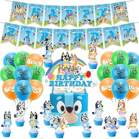 Bluey Tema Barnkalas Grattis på födelsedagen Kalastillbehör Kit Banner Ballonger Cupcake Toppers Dekorationsset