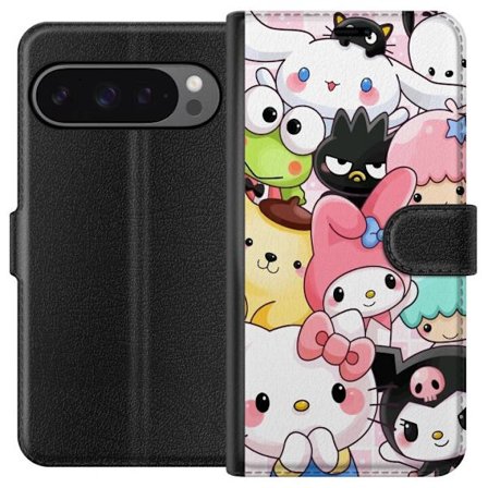 Kompatibelt Lommeboketui til Google Pixel 9 Pro XL Tett mønster av søte figurer med store øyne i ulike farger og uttrykk med LABUBU-tekst