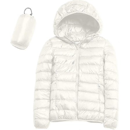 Kevyt hupullinen untuvatakki naisille - Pakattavat toppatakit