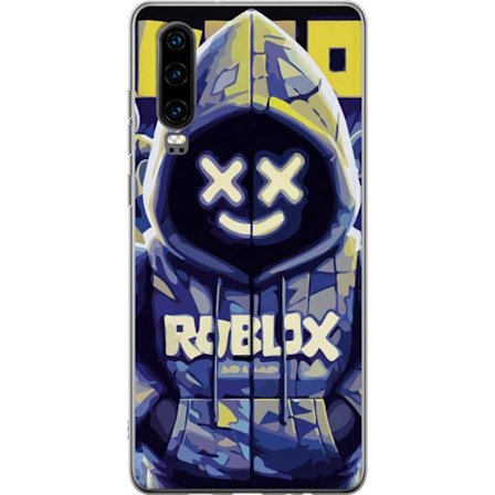 Kompatibelt Mobildeksel til Huawei Huawei P30 Blågul Roblox hettegenserfigur med minimalistisk neonstil og masket ansikt, moderne spillillustrasjon f