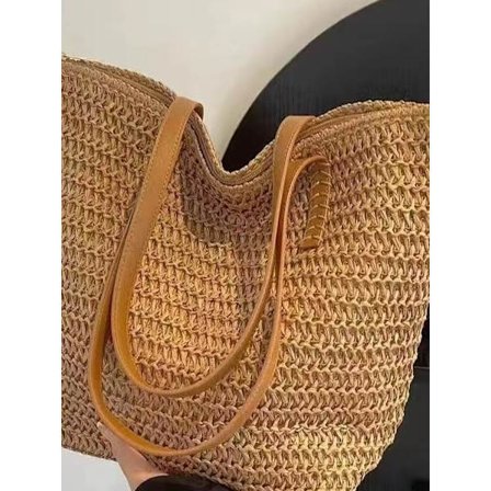 Håndtaske Stråtaske Dame Sommer Strandtaske Håndtaske Vævet Taske Pendler Skuldertaske Stråtaske (Lysebrun)