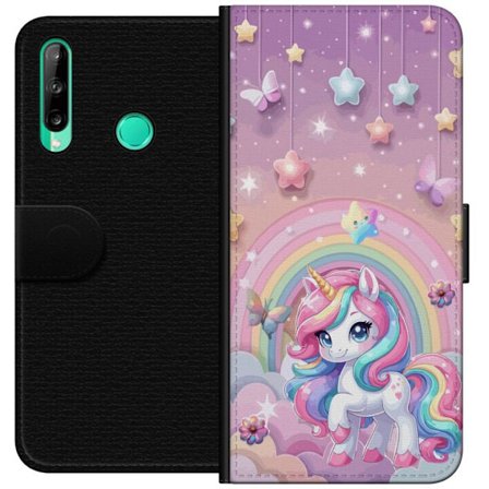 Kompatibel Tegnebogsetui til Huawei P40 lite E Magisk enhjørning med regnbue manke, stjerner og sommerfugle mod en pastelfarvet himmel med skyer