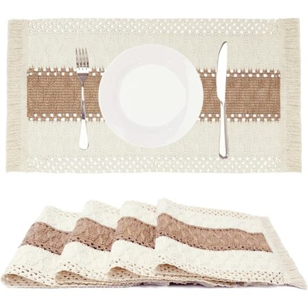 Boho-bordbrikker, sett med 4, makramé-borddekor og bondegårdstil