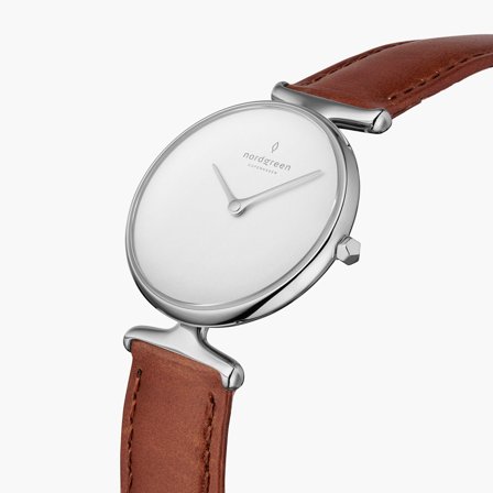 Nordgreen Women's Minimalist Classic Dress Watch - Silver Case - White Dial - 28mm Brown Leather Strap White Dial Unika