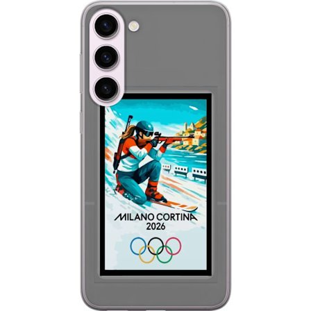 Yhteensopiva Puhelinkuori Samsung Galaxy S23+ Retrojuliste Cortina Milano 2026 vuorilla, talviurheilijoilla, italiankoloreilla, Milanon tuomiokirkolla